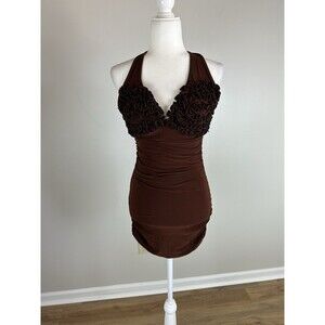 Y2K S Brown Halter Dress Bodycon Mini Ruched Ruffle Festival Rave Grunge Small